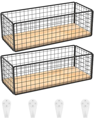 2-Pack Vintage Black Metal & Wood Baskets 25x10x8cm Wall-Mountable Organizer,Rustic Kitchen,Bathroom,Living Room Decor,Minimalist Hanging Shelf for Plants,Books,Toiletries (Black)