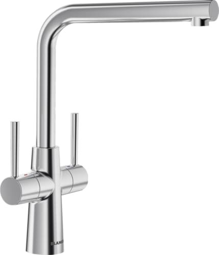 BLANCO LAX | Kitchen Mixer tap in PVD Steel | Low Pressure | L-Shaped spout | Ø35 mm tap Hole | 700 mm connectors | Stainless Steel PVD Finish | Sleek Modern Styling | Long-Lasting Cartridge