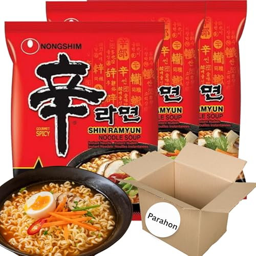 Nong Shim Shin Ramyun Noodle Soup (Hot and Spicy) 120g x 6 – Vegan Halal Instant Ramen Noodles – Korean Bulk Pack for Snack, Lunch, Midnight Meal – Spicy, Quick & Delicious