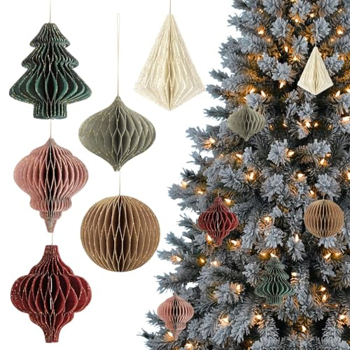 Poraceous 6 Piezas Decoraciones de Navidad, Adornos de Papel de Panal con Borde Purpurina, Mini Adornos Reutilizables para áRbol de Navidad, para áRbol Navidads Fiestas Navidads DecoracióN AñO Nuevo