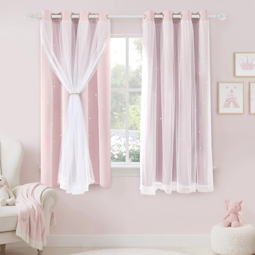 PONY DANCE Girls Pink Blackout Curtains, Eyelet Thermal Insulated Double Layers with Star Cut-Outs, Darkening Privacy Drapes for Kids Room and Nursery, 2 Panels, 132x137cm (52x54 inch)