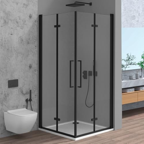 Box Doccia Angolare 70x70 Con Doppia Porta A Soffietto In Vetro Temperato Trasparente E Profili Nero Opaco - Linea Neos - H 195 Cm E Spessore 6 Mm