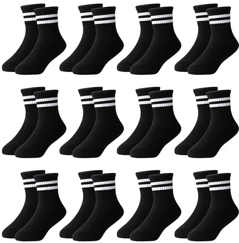 Moitiy Lot de 12 paires de chaussettes de tennis pour enfants - Chaussettes pour enfants garçons et filles - Chaussettes de sport unisexes en coton, Noir , 39-42