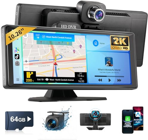 Haudio Pantalla CarPlay 10.26 Pulgadas Inalámbrica para Apple CarPlay y Android Auto, Estéreo Portátil con 2K DVR & 1080P Trasera Cámaras, Control Voz, Radio AUX/FM y TF 64G para Todos los Coches