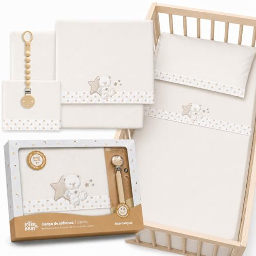 Sabanas Cuna 60x120 100% Algodon Set 3 piezas con Sabana Bajera Transpirable Ajustable Lavable + Funda Almohada Suave Pack Descanso de Bebes Recien Nacidos Oso Sentado Beige + Chupetero Regalo