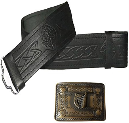 Lot de 2 ceintures en cuir pour kilt avec boucle de harpe irlandaise antique en relief