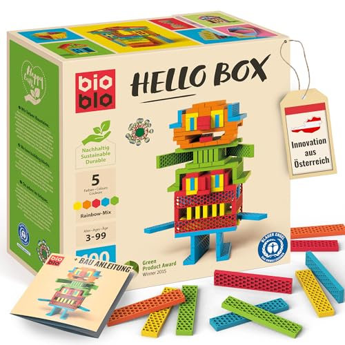 bioblo Nachhaltige Holzklötze Hello Box Rainbow 100 Stück | Steinbaukasten, Klötzchen, Geschenk für Familie, Kinder Geschenk Weihnachten, Weihnachten, Bastelklötzchen, Spiele ab 3