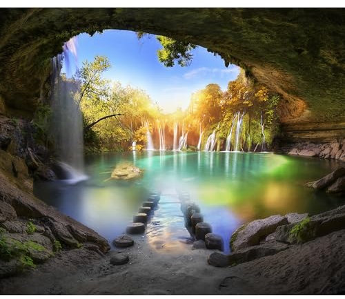 decomonkey Fototapete Wasserfall Landschaft 350x256 cm XL Tapete Fototapeten Vlies Tapeten Vliestapete Wandtapete moderne Wandbild Wand Schlafzimmer Wohnzimmer Natur