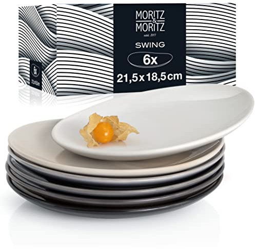 Moritz & Moritz 6tlg Swing Dessert Teller Set 6 Personen 21,5 x 18,5 cm – Keramik Geschirrset als Kuchenteller, Frühstücksteller oder Dessertteller grau – Made in Portugal