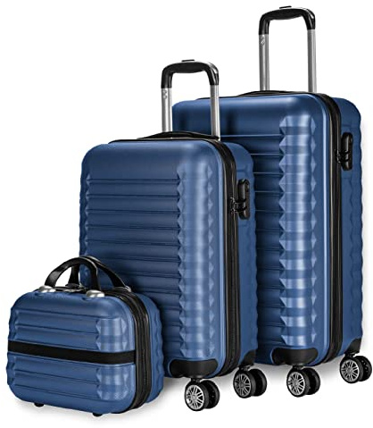 NUMADA - Lot de Valises de Voyage Bleu Foncé, de Cabine et Moyenne (53/63cm) et Trousse de Toilette. Set de Valises Rigides 4 Roues, ABS, Robustes, Durables et Légères. Serrure à Combinaison