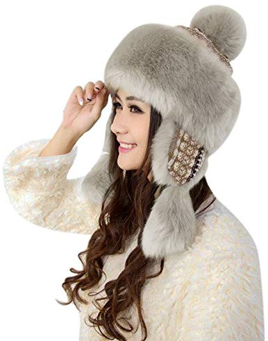 Trappermütze Mongolisch Winter Strickmütze Ohrenklappe Fellmütze Schneedicht Winddicht Wintermütze Flauschig Kuschelig Strickmütze Niedlich Verdickt Damenmütze mit Bommel Damen Mädchen Mütze Outdoor
