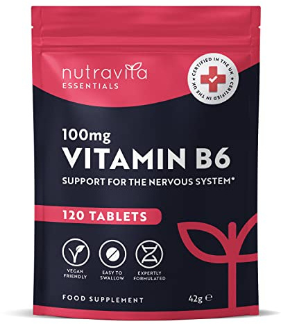 Nutravita Vitamin B6 100mg - 120 Vitamin B6 High Strength Vegan Tablets – B6 Vitamins to Support Normal Function of the Immune and Nervous System - Contributes to Reduction of Tiredness and Fatigue