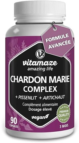 Mariendistel Komplex mit Artischocke + Löwenzahn hochdosiert, 80% Silymarin, 250 mg Extrakt in veganen Kapseln, Natürliche Nahrungsergänzung ohne Zusatzstoffe, Made in Germany