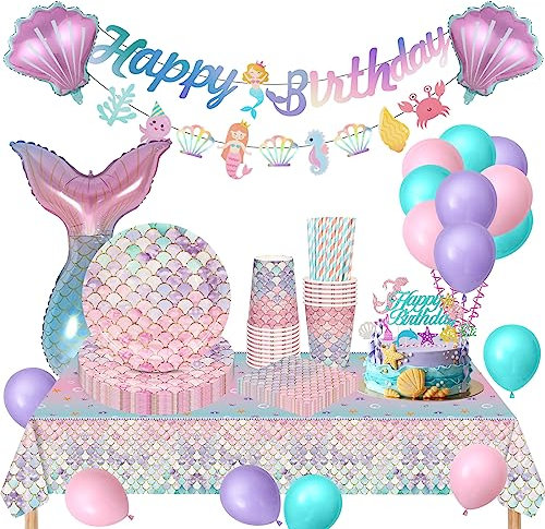 YIMAKJ Meerjungfrau Partygeschirr Set, Geburtstag Party Geschirr, Pappteller Kindergeburtstag Set mit Luftballons Tischdecken Tassen Servietten für Meerjungfrau Deko Kindergeburtstag Babyparty