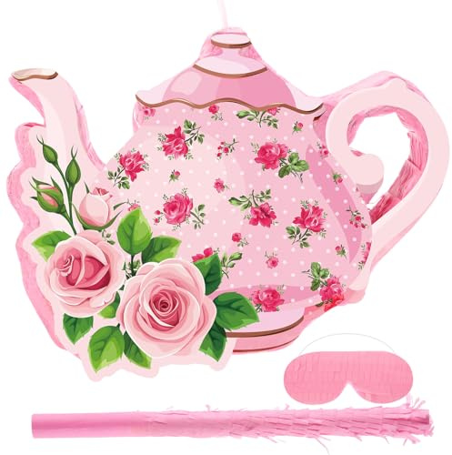 Aoriher 4 Pieces Tea Party Piñatas Tea Flower Themed Decorations Teapot Small Piñata Bundle with Blindfold and Stick Teacup Party Supplies Favors for Birthday(Pink,Teapot)