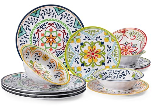 ZAROCRUS 12 pcs Talavera Melamine Dinnerware Set, Service for 4 Melamine Plates and Bowls Set, Unbreakable Dishes Dinnerware Set, Great for RVs, Camping, BPA Free and Dishwasher Safe