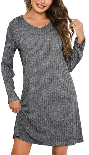 Lovasy Chemise de Nuit Femme Manche Longue Robe de Nuit en Tricot Côtelé | Chaud Vêtement de Nuit avec Col en V Nuisette Douce S-XXL