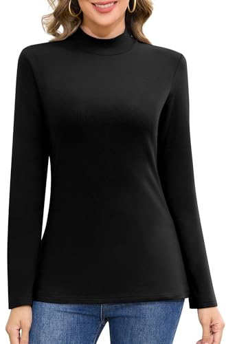 Jiuday T-shirt thermique à manches longues basique pour femme - Col montant - Haut thermique - Haut fonctionnel d'hiver - Pull en polaire - Élégant - Coupe ajustée - Intérieur en polaire, Noir , L
