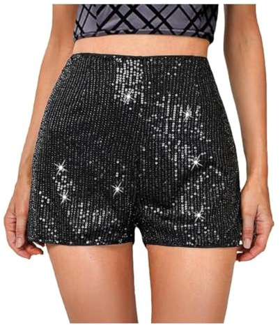 Short à paillettes pour femme, taille haute, élastique, jambe droite, brillant, short sexy paillettes scintillantes pour fête, concert, pantalon chaud décontracté ample en forme de pour tenue de club