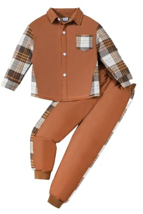 HEOXIN Set di Abbigliamento per Bambini, Plaid Felpa + Pantaloni 2PCS Set, Top con Bottoni a Maniche Lunghe con Tasca, Pantaloni Elastico Set da Jogging per Bambino 9-10 Anni, Marrone