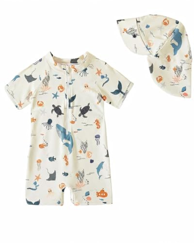 Bañador beber Niño Niña Protección UV 50, Traje De Baño con Gorro Bebe Fato Baño UV, Beige Oceam 1-2 Años
