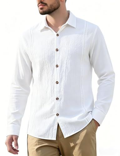 Volemo Mens Shirts Long Sleeve Cotton Linen Shirt Casual Holiday Beach Summer Tops White XL