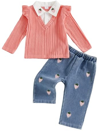 JCOPLY Toddler Baby Girl Outfit Fruits Embroidery Long Sleeve Lapel Shirt Ribbed Tops Wide Leg Jeans Kids Autumn Clothes Girls Fashion Clothing Set (Pink, 3T)