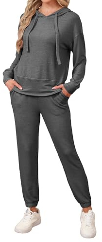 Famulily Ladies Loungewear Hoodie Jogger Tracksuit Set Sweatshirt & Sweatpants Solid Color Two Piece Sets Carbon Black L