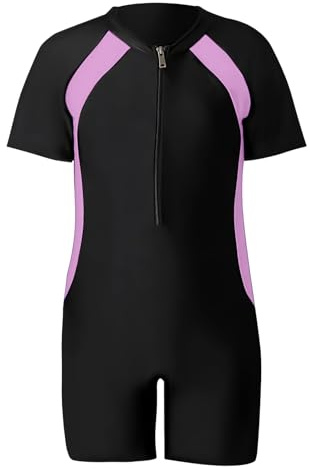 Okdance Swimming Costume for Boys Girls, One-Piece Kids Swimsuit Short Sleeve Swimming Costume for Summer Surfing Swimming Water Sports Boy Girl (UK, Age, 12 Years, 14 Years, Regular, Pink)