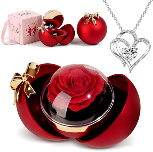 NINESPRING Rosa Eterna Natural Preservada,Caja Rosa Preservada con Collar Regalo，Regalo de Rosas Romántico con Mujer día Madre San Valentín Navidad Compromiso Matrimonio Aniversario Cumpleaños