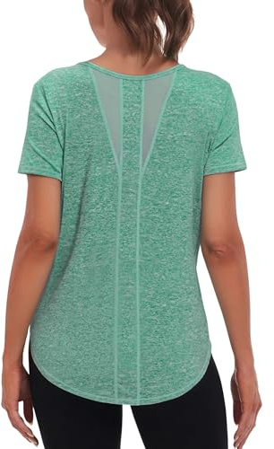 Wayleb T Shirt Sport Femme Manches Courtes Col Rond Dos en Maille Respirante Haut Léger Séchage Rapide Running Yoga Fitness S-XXL