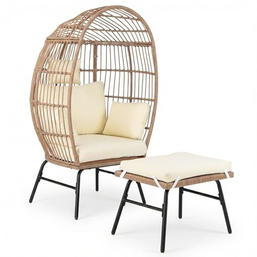 COSTWAY Sedia a Uovo con Poggiapiedi, Poltrona Salotto in Rattan PE, Set da 2 Pezzi con Struttra in Metallo e Cuscini, per Balcone, Bordo Piscina, Veranda, Soggiorno