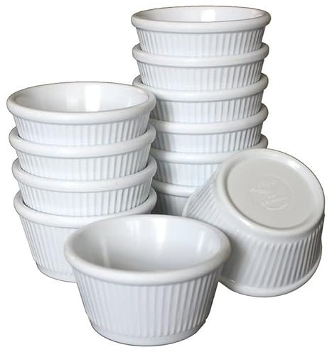 Chabrias Pack of 12 Fluted Traditional Ramekins - Condiment Pots, Dip Bowls, Food Grade Sauce Pots - Made in England (White 1oz)