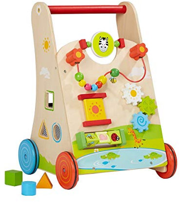 Solini Lauflernwagen aus Holz - Baby Lauflernhilfe mit Motorikschleife & Drehspiel - Holzspielzeug für Kinder ab 18 Monate - natur/bunt