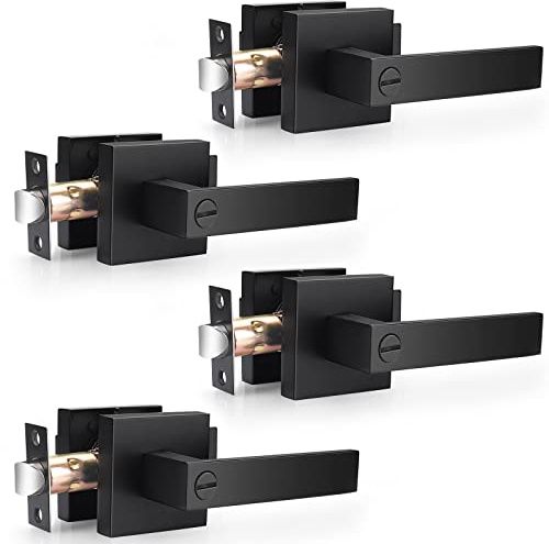 Probrico 4 Pack| Matte Black Square Privacy Door Levers Bed Bath Door Handles, Heavy Duty Interior Keyless Door Locks for Left or Right Sided Doors