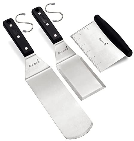 Anmarko Espátulas de metal de acero inoxidable, juego de 3 espátulas profesionales para plancha de chef, accesorios resistentes, ideales para barbacoa de hierro fundido, sartén plana de grado