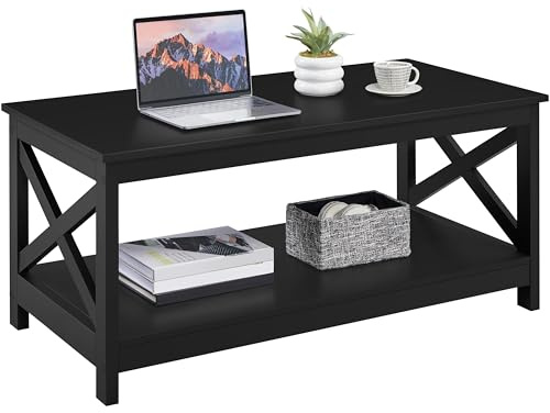 Yaheetech Tavolino da caffè Tavolino Basso da Salotto a 2 Ripiani 100 x 50 x 45 cm Tavolo da Divano Moderno Portaoggetti in Legno da Soggiorno Nero