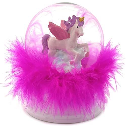 Schneekugel Einhorn mit Glitzer - Hochwertige Schüttelkugel aus Glas | Dekofigur Unicorn mit LED Licht, Glitter & Federn in Pink | Weihnachten Deko Pferd Kugel Snowglobe Höhe 9 cm [1 Stück]