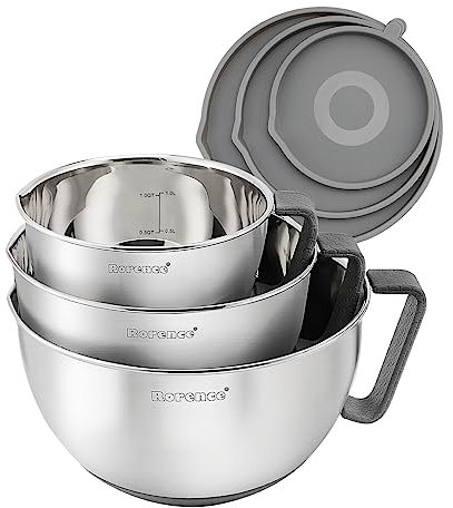 Rorence Anti-Rutsch-Rührschüsseln aus Edelstahl mit Ausgießer, Griff und Deckel, 3er-Set, 1.4L/ 2.8L/ 4.7L (Grau)