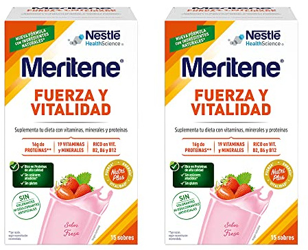 Meritene Fuerza y Vitalidad - Alimento en Polvo - Batido de Proteínas Vitaminas y Minerales -Fresa -Refuerzo del Sistema Inmunitario 2 packs