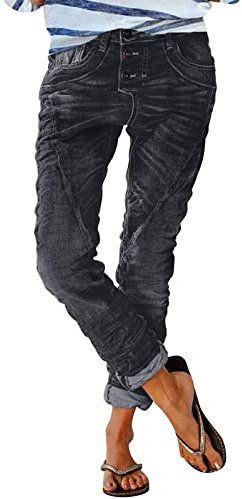 Jeans Damen Low Waist - Jeanshose Lang Straight Leg Vintage Destroyed Denim Hose Mit Gummizug - Boyfriend Freizeithose Falten Streifen Locker für Frauen