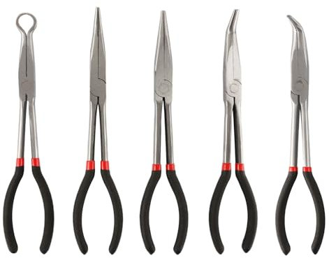 DAJAVE Set di 5 pinze a becco lungo ad ago, 28 cm, pinze a becco lungo dritto, 25 gradi, 45 gradi, 90 gradi, pinze a becchi piegati a 90 gradi, pinze a becchi circolari