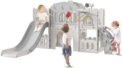 Baotree 9 in 1 Toddler Slide,Kids Slide Playset for Toddler,Indoor Outdoor Slide Toddler Playset with Ball & Hoop, Storage Space and Non-Slip Steps,Gift for Boys and Girls 1-6 Years (White Gray)