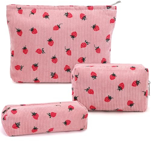 3 Pcs Makeup Bag Cosmetic Bag Set for Girls Women Travel Organizer Bathroom Toiletry Pouch Large Capacity Storage Bag (Strawberry Pink)