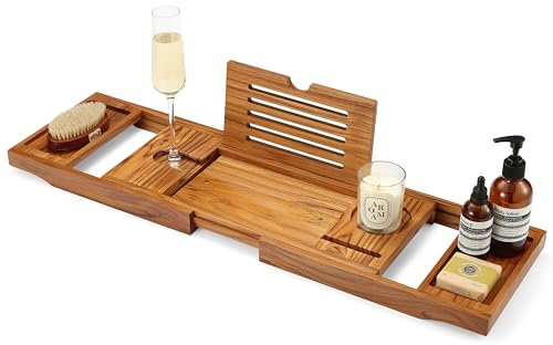 TEAKAURA Teak Bathtub Tray, Bathtub Caddy, Expandable Bath Tub Tray Wood, Bath Table Tray&Bathtub Shelf, Luxury Bathtub & Bathroom Accessories and Organizer, House Warming&Wedding Gifts(Large)