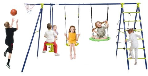 GYMAX Kids Swing Set, Metal Swing A-Frame with 2 Swings, Basketball Hoop, Climbing Rope & Climbing Ladder, Outdoor Children Playground Playset for Garden (Green + Blue, 6 in 1: 336x140x176cm)