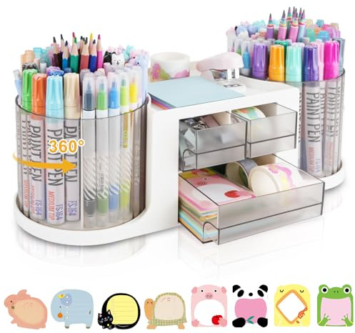 RETON Organizer da scrivania girevole con 2 portapenne, organizer multifunzione con 3 cassetti, 10 scomparti, portapenne per scrivania, scuola, casa, ufficio (Bianco)