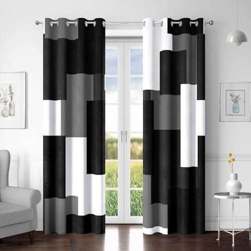 Tyrot Black Grey 100% Blackout Curtains for Bedroom 84 inch Length 2 Panels Set White Gray Modern Abstract Geometric Black Out Curtains Insulated Room Darkening Window Drapes for Living Room, 52Wx84L