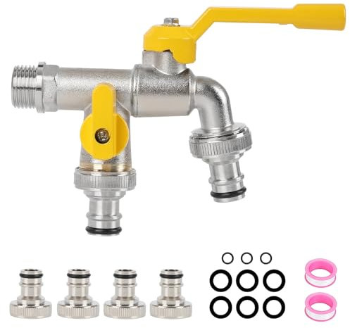 Robinet de jardin double en laiton 1/2 - Double sortie - Anti-rouille et protection contre le gel - Pour jardin, machine à laver - Avec 4 raccords de tuyau