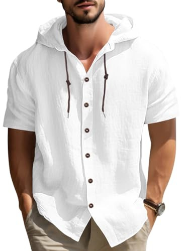 MEDUOLA Camisa de Manga Corta de Lino para Hombre,Cuello con Capucha,Diseño Ligero y Transpirable para Verano,Estilo Casual y Modern
